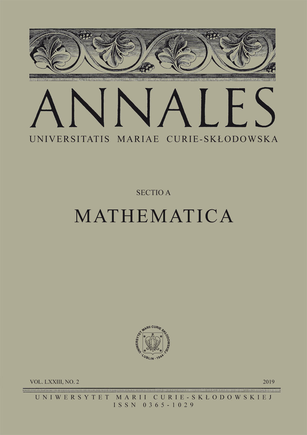 Okładka: Annales UMCS sec. A (Mathematica), vol. LXXIII, No.2